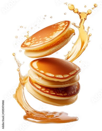 Pancakes floating in a splash of maple syrup on transparent background
