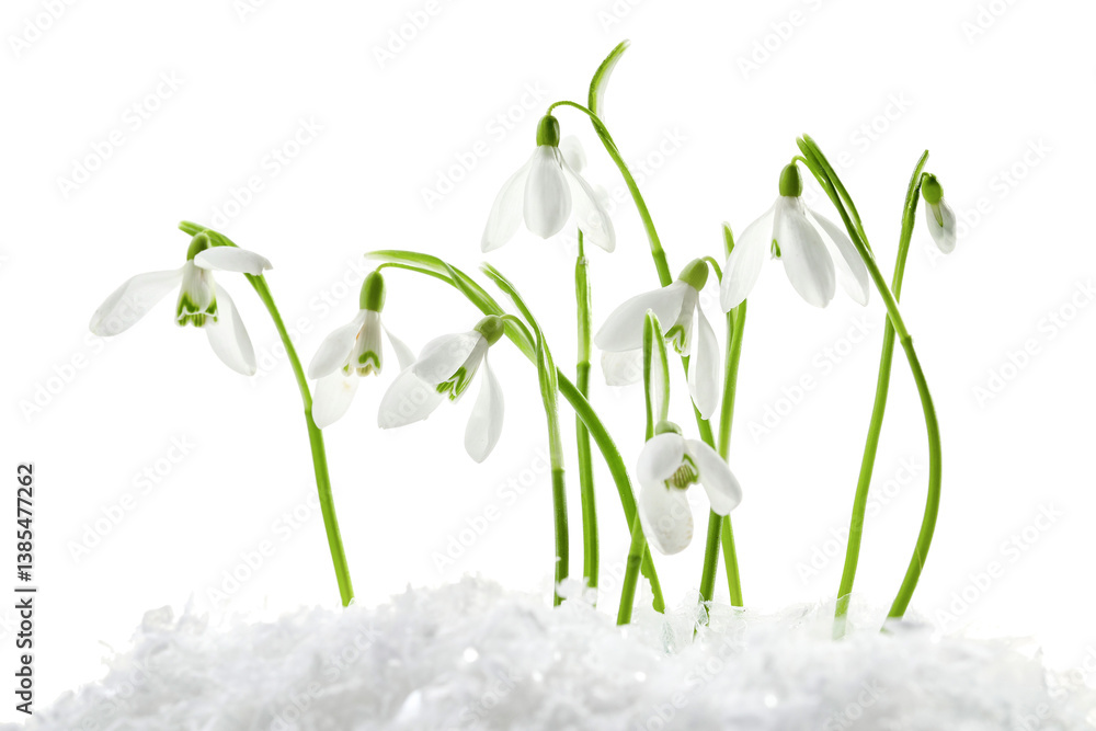 Beautiful snowdrops on snow against white background