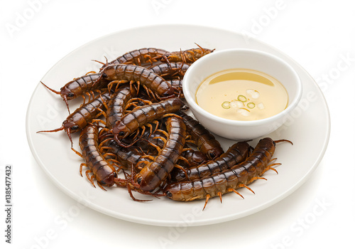 A Plate of Fried Centipedes with Dipping Sauce on White Background
