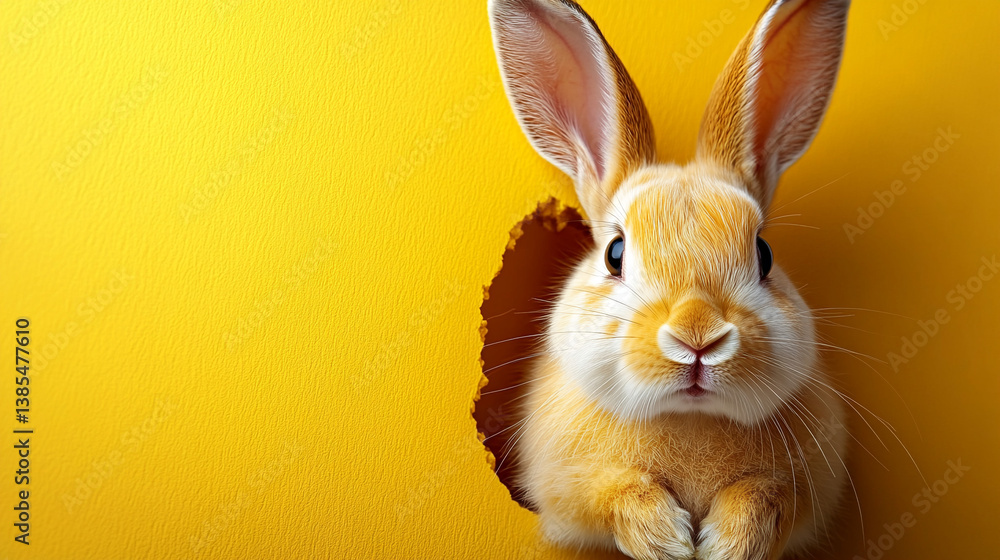 Obraz premium Cute Rabbit Peeking Through Yellow Background Captured