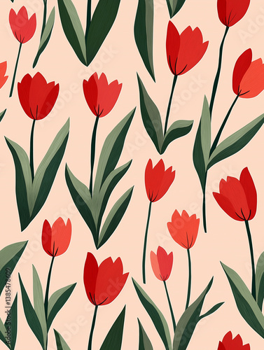 Wallpaper Mural Red tulip pattern in flat illustration style on beige background Torontodigital.ca