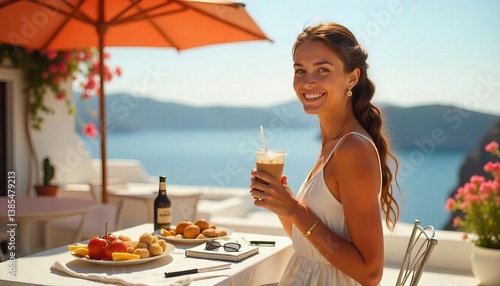 Cafe Lifestyle by the Sea: A smiling person savors an iced coffee at an outdoor cafe, enjoying the stunning views. Capturing the essence of relaxation and serenity.