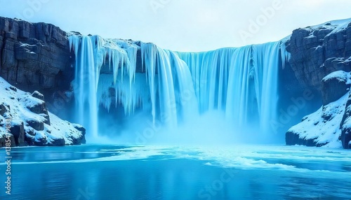 Majestic Cascade: A breathtaking visual of a powerful waterfall cascading down a rugged cliff face, surrounded by icy formations and a tranquil pool below.