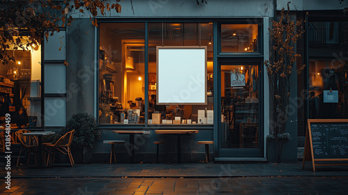 cozy coffee shop exterior with warm lighting, inviting atmosphere, and empty signboard, perfect for relaxation and socializing