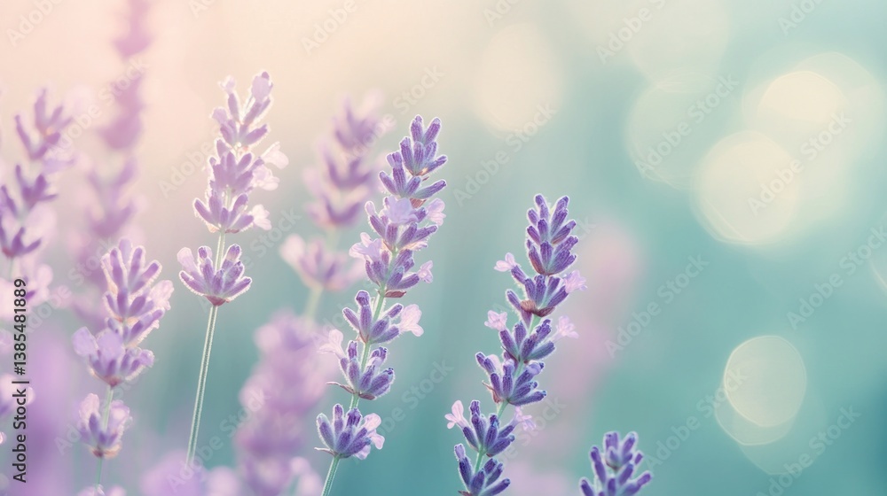 Soft Pastel Lavender Blooms with Bokeh Lights Transitioning Between Misty Light and Aqua Background Soft Pastel Lavender Blooms with Bokeh Lights Transitioning Between Misty Light and Aqua Background