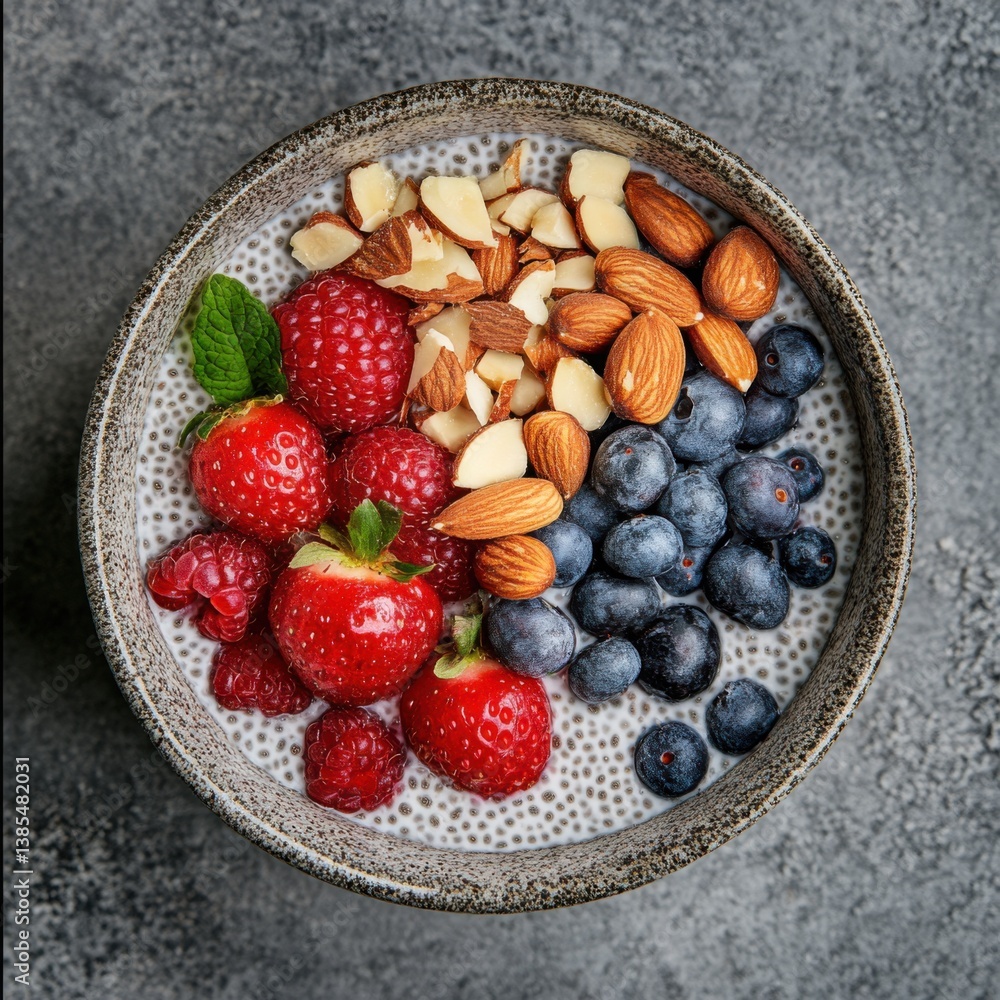 A bowl of chia pudding with almond milk, berries, and nuts. Featuring nourishment and health A bowl of chia pudding with almond milk, berries, and nuts. Featuring nourishment and health