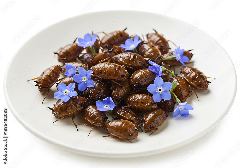 Brown Roasted Insects with Blue Flowers on White Plate Brown Roasted Insects with Blue Flowers on White Plate