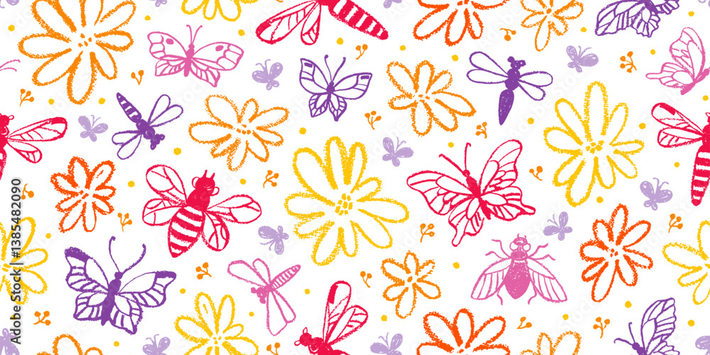 Butterfly and flower pattern. Seamless cute floral background. Vector spring print bg. Scandinavian summer illustration with butterfly moth, bee, daisy flower. Doodle plant and insect seamless pattern