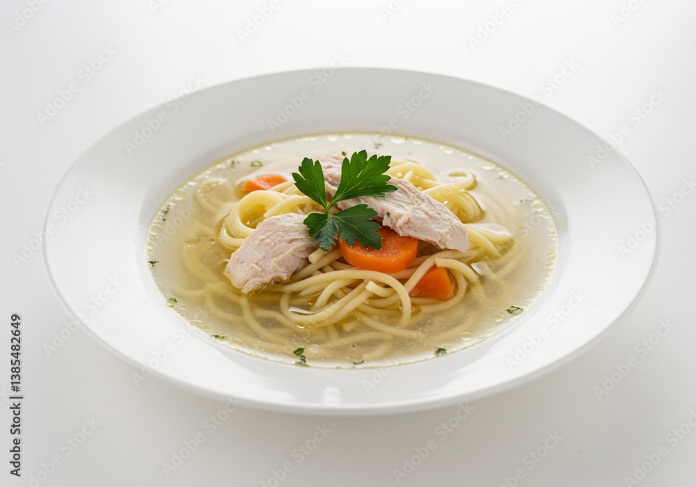 Chicken Noodle Soup in a White Bowl, Garnish with Parsley and Carrots Chicken Noodle Soup in a White Bowl, Garnish with Parsley and Carrots