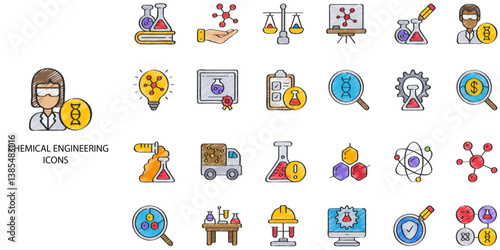 Chemical Engineering simple concept 24 hand drawn color icons set. Contains such pharmaceutical, petrochemical, chemist, technology, industry, factory .Vector illustration.