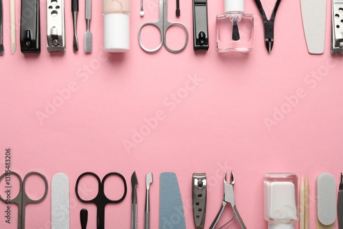 Obraz na płótnie Frame of different manicure tools on pink background, flat lay. Space for text w salonie