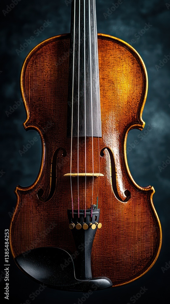 Fototapeta premium Detailed close-up of a beautifully crafted brown violin against a dark backdrop