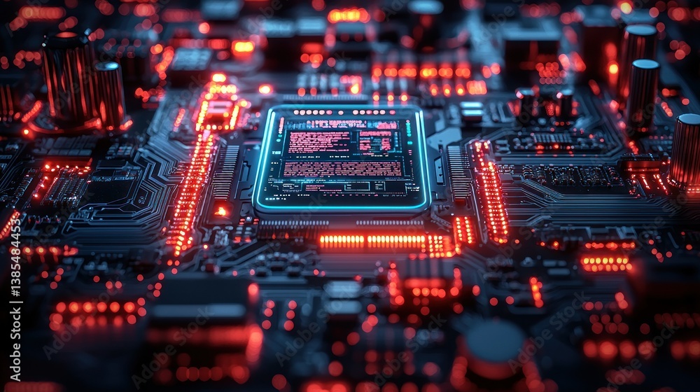 Obraz premium Close-up of a Futuristic Computer Chip, Glowing Circuit Board, Digital Technology, Abstract, Motherboard, Red and Blue