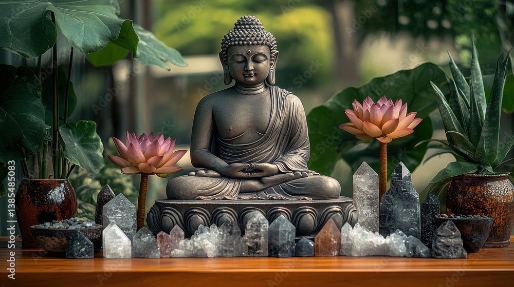 Serene Buddha statue surrounded by crystals and lotus flowers in a tranquil indoor garden setting Serene Buddha statue surrounded by crystals and lotus flowers in a tranquil indoor garden setting