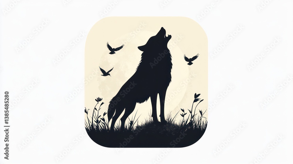 Silhouetted wolf howling at the moon, field silhouette, nature scene, graphic design, stock photo Silhouetted wolf howling at the moon, field silhouette, nature scene, graphic design, stock photo