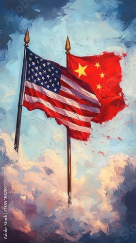 Flags of United States and China waving together against a vibrant sky during a symbolic event promoting international relations