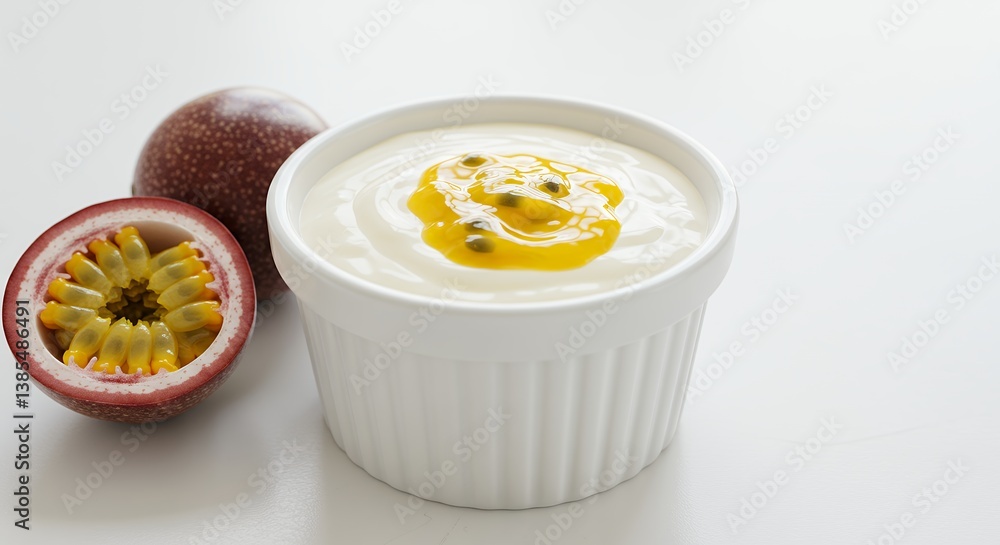 Passion Fruit Yogurt Bowl with Fresh Fruit on White Table Passion Fruit Yogurt Bowl with Fresh Fruit on White Table
