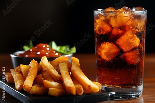 Crispy fries, soda, and ketchup on a wooden table