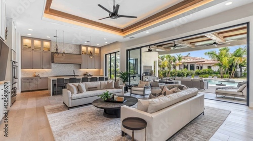 Modern Florida home's open-plan living, poolside view