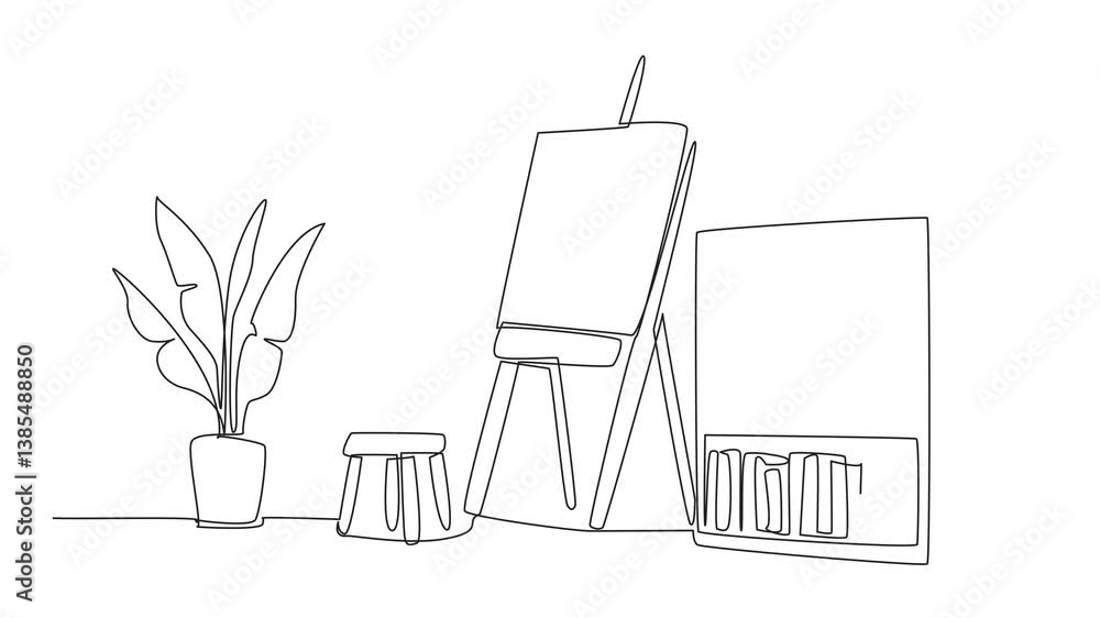 Animated self drawing of continuous line drawing a corner of a room in a painting studio. A place to channel the hobby of creating charming paintings. World Art Day. Full length single line animation Animated self drawing of continuous line drawing a corner of a room in a painting studio. A place to channel the hobby of creating charming paintings. World Art Day. Full length single line animation