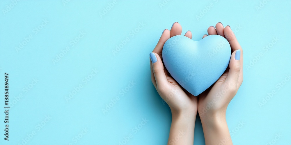 Obraz premium Gentle and caring hands cupping a smooth light blue heart, perfect for health campaigns, Mother's Day, or World Heart Day messaging, emphasizing compassion and wellness.