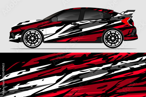 Dynamic car design featuring bold red, black, and white graphics, showcasing speed and style