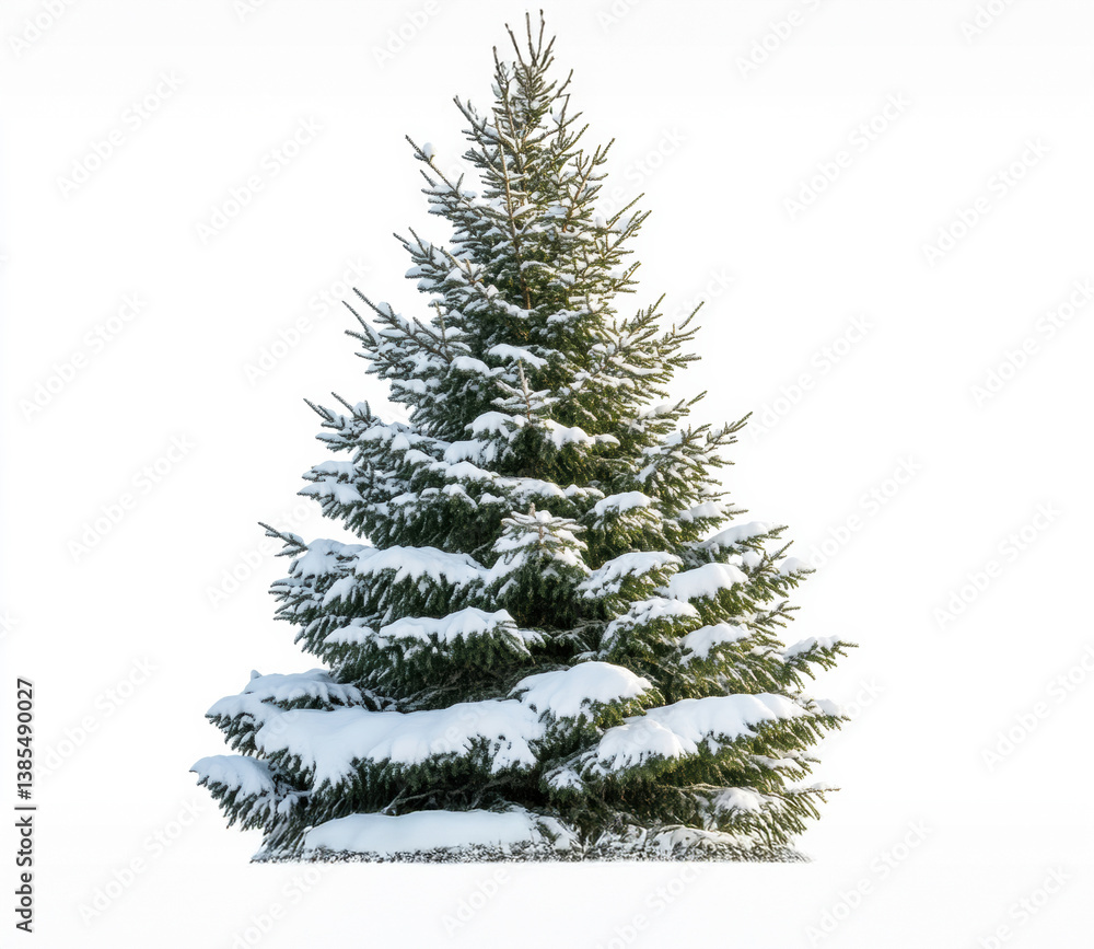 Snow-covered evergreen tree standing prominently against a white background in winter Snow-covered evergreen tree standing prominently against a white background in winter