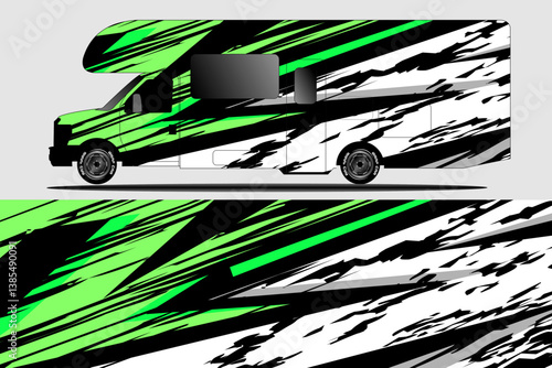 Vibrant RV Design with Bold Green and Black Stripes on a White Background for Outdoor Adventures