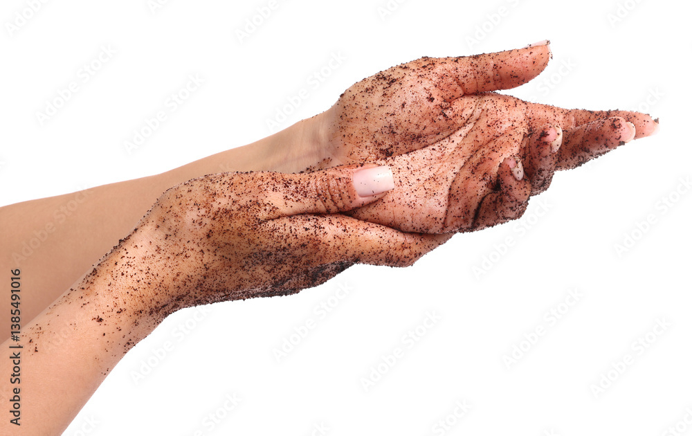 Woman applying body scrub onto her hands on white background, closeup Woman applying body scrub onto her hands on white background, closeup