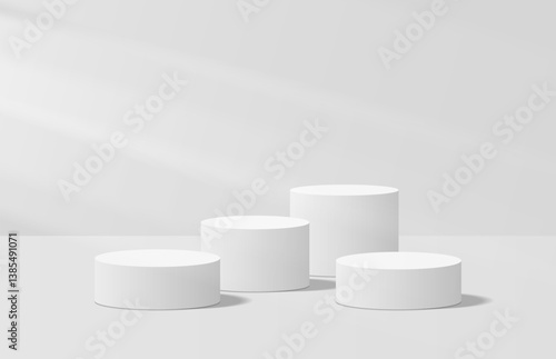 Soft realistic white 3d cylinder podium in lighting room shining on pedestal elegant. 3D vector stage for product mockup. Geometric platform. Vector rendering. Minimal scene for product promotion.