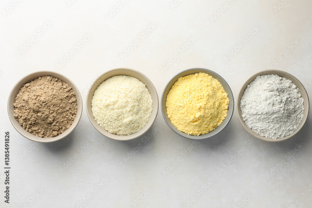 Fototapeta premium Different types of flour in bowls on light grey table, flat lay