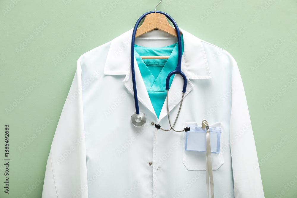 Doctor's coat with stethoscope and badge on hanger against light green background