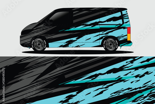 Stylish van design featuring dynamic blue and black patterns on a sleek vehicle silhouette