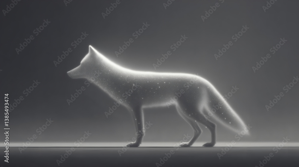 Fototapeta premium A luminous, ethereal silhouette of a fox, glowing softly against a dark background, creating a mystical and artistic effect.