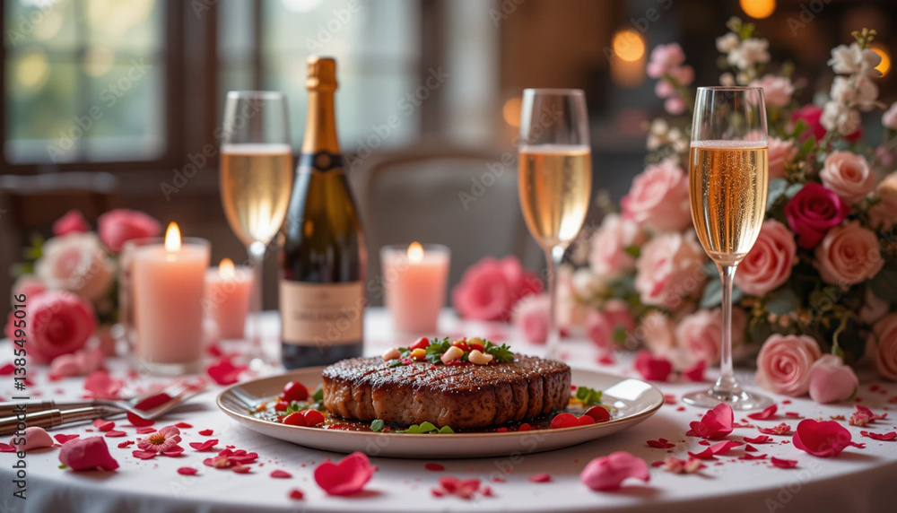 romantic table decorated with roses and flowers, with food and champagne romantic table decorated with roses and flowers, with food and champagne