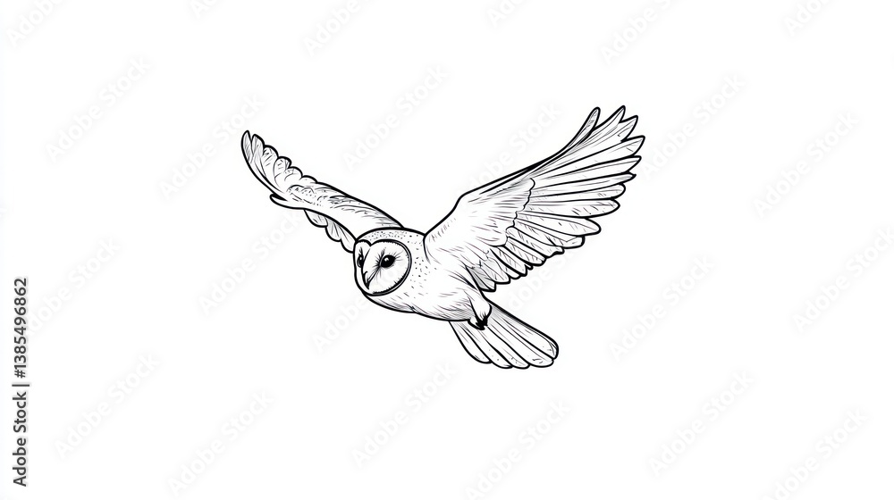 Obraz premium Owl in flight, black and white line art, for education or nature illustration