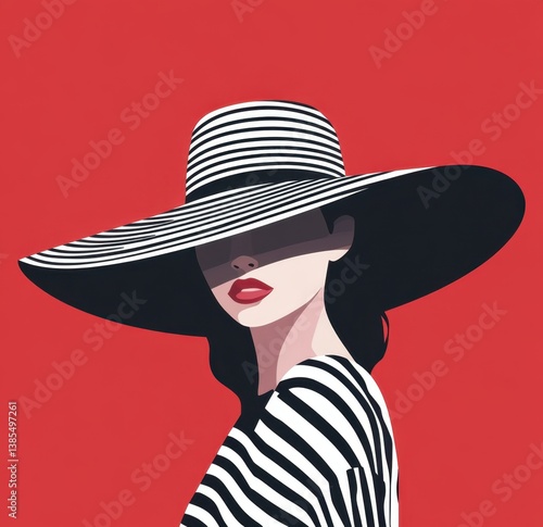 Wallpaper Mural Bold vector illustration of a fashionable woman wearing a wide black-and-white striped hat and dress, set against a vivid red background. Torontodigital.ca
