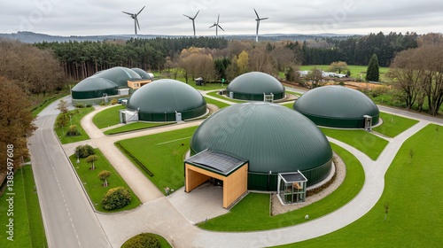 Agricultural biogas plant with waste-to-energy system, generating renewable power from organic materials