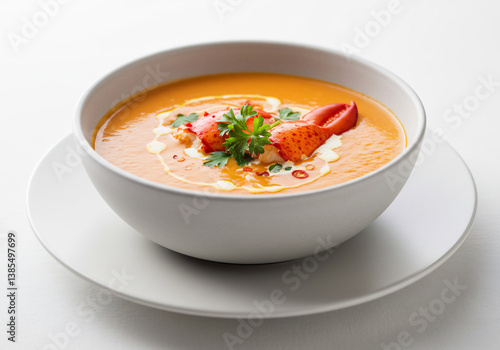 Creamy Lobster Bisque in White Bowl on White Background