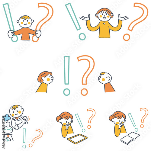 !?マーク,知識の前でリアクションする小学生　セットのストックイラスト素材
