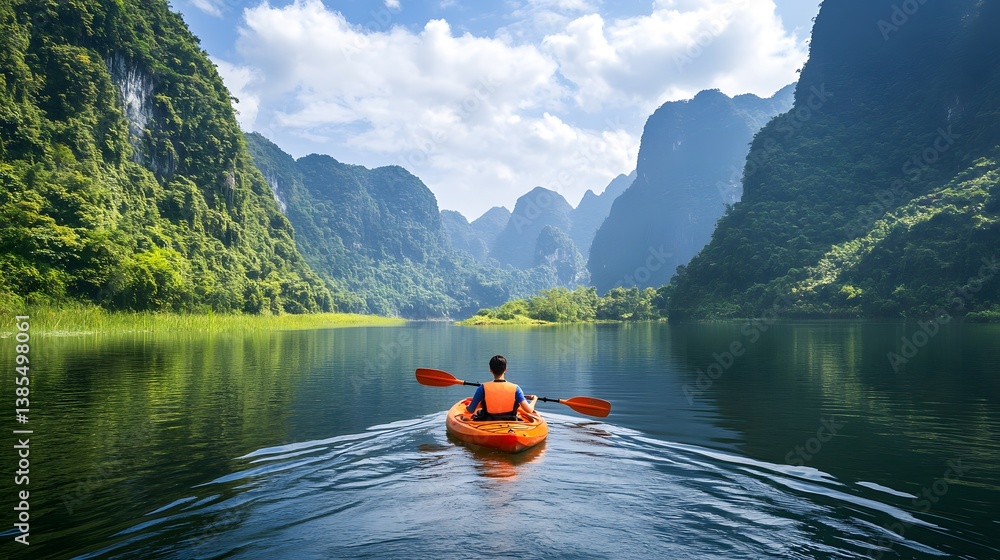Kayaker explores serene waters surrounded by majestic mountains, enjoying a peaceful escape into nature's embrace, in the midst of the lake. 