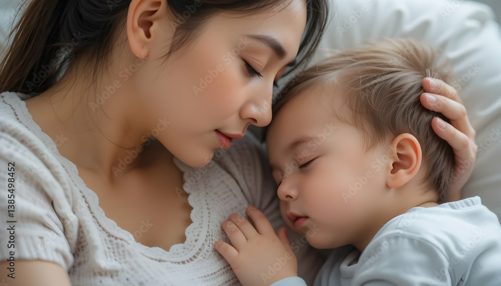 Mother Holding Sleeping Child with Tenderness and Love in Soft Light Mother Holding Sleeping Child with Tenderness and Love in Soft Light