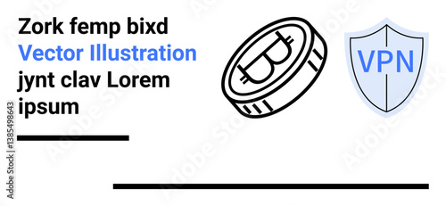 Cryptocurrency coin alongside a shield labeled VPN. Ideal for finance, cybersecurity, digital economy, encryption, privacy, blockchain, and simple landing page