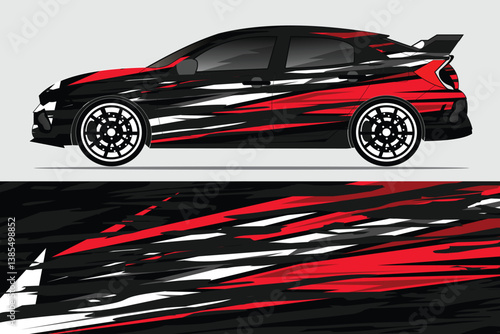 Stylish racing car design featuring dynamic red and black graphics in an urban setting