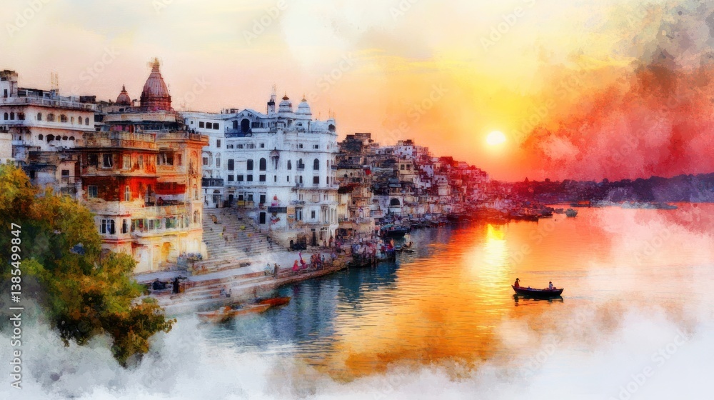 Naklejka premium Ancient Varanasi City Architecture at Sunrise with Sadhu Baba Enjoying Boat Ride on River Ganges, India - Sepiatone Oil Painting