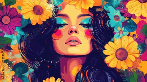 Serene woman surrounded by vibrant sunflowers and flowers.