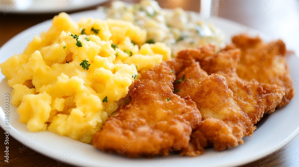 Crispy fried fish, creamy mashed potatoes, and creamy salad Crispy fried fish, creamy mashed potatoes, and creamy salad