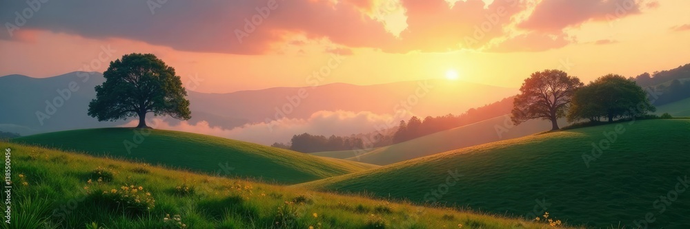 Obraz premium Dreamy landscape of rolling hills and towering trees at dawn, gentle hues,, landscape