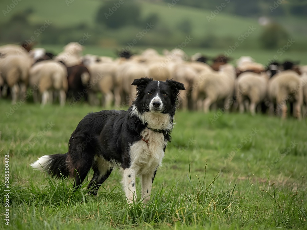 A dog standing in front of a herd of sheep. Generative AI. border collie dog grazing in green farm, black puppy sheepdog in landscape looking at camera A dog standing in front of a herd of sheep. Generative AI. border collie dog grazing in green farm, black puppy sheepdog in landscape looking at camera