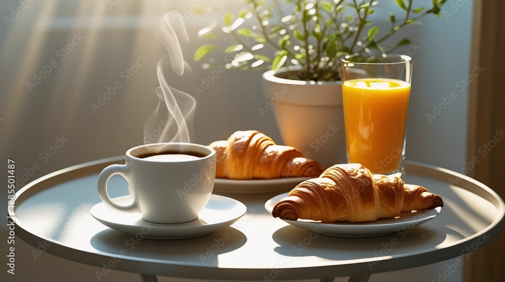 Breakfast Table with Coffee, Croissants, and Orange Juice